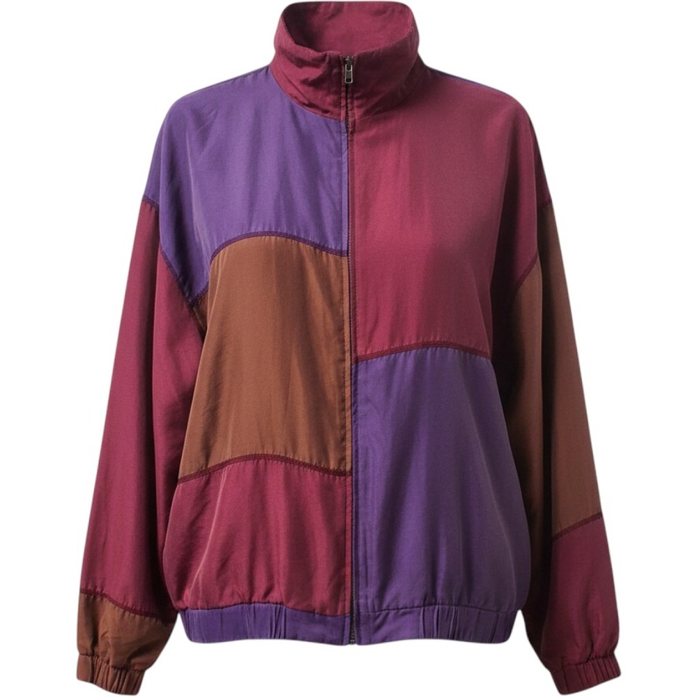 Vintage Out Brook Silk Colorblock Patchwork Bomber Jacket Purple Burgundy Medium